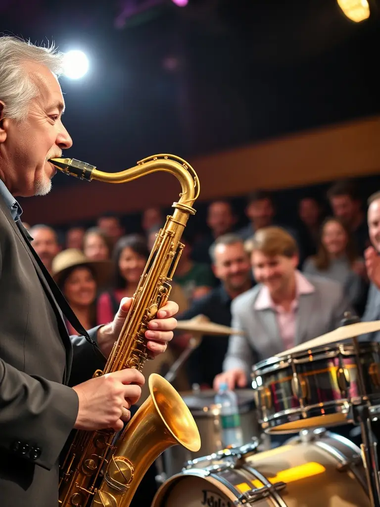 A vibrant photograph capturing the energy of a live jazz concert, with musicians passionately playing their instruments and the audience visibly enjoying the performance. The image should convey the excitement and cultural richness of JAZZONOTES ASSOCIATION's events.