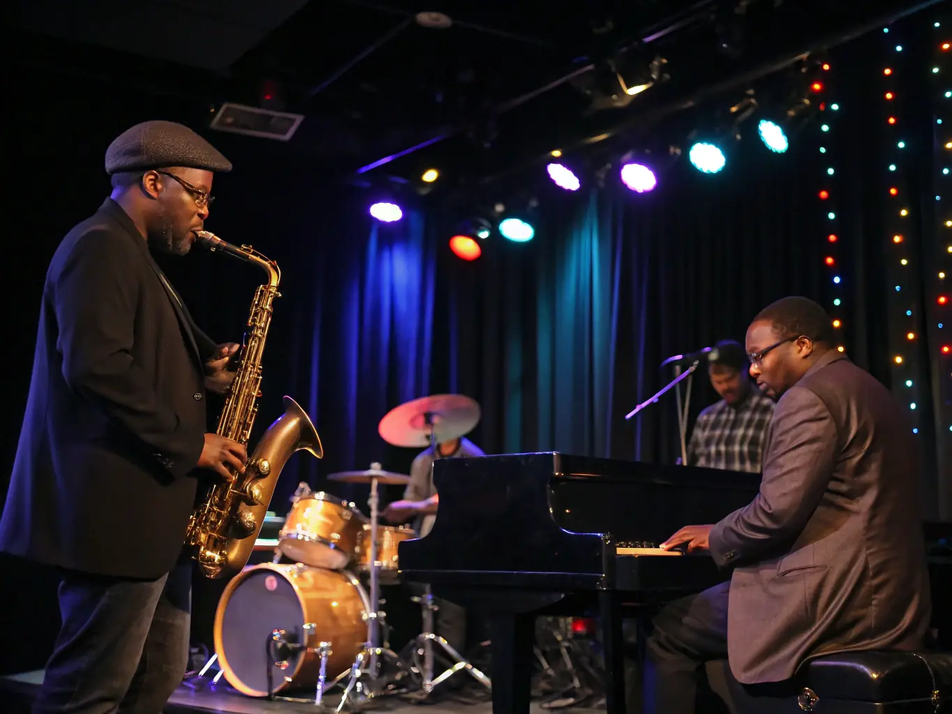 A vibrant jazz concert scene with musicians on stage, showcasing the energy and passion of live jazz music, capturing the essence of a JAZZONOTES ASSOCIATION event.