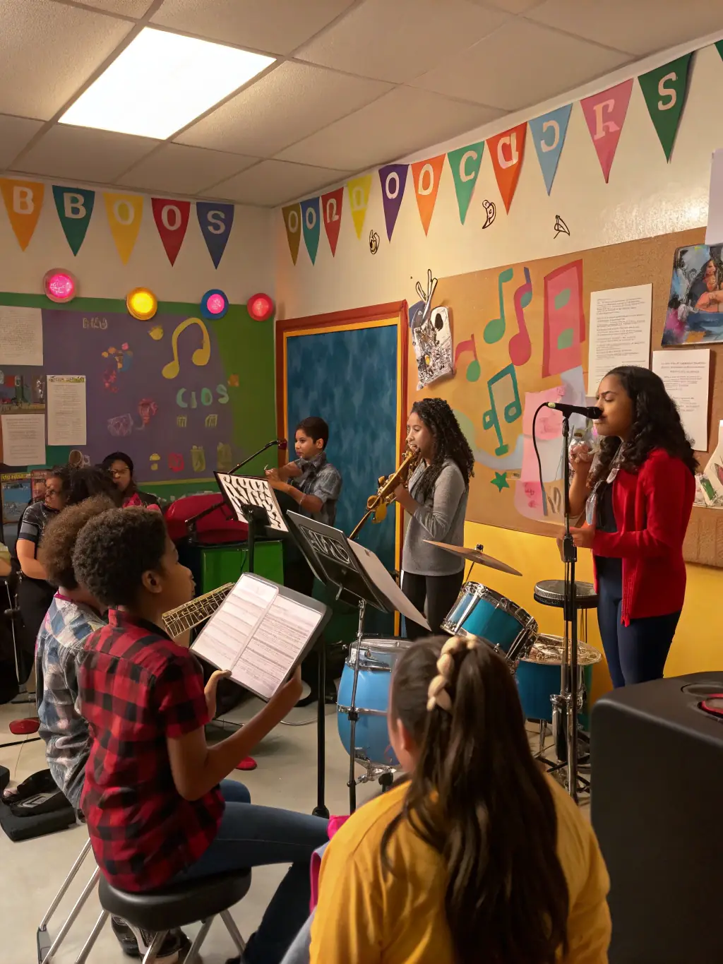 A dynamic image of a music workshop in progress, showing young musicians collaborating and learning from experienced instructors. The scene should highlight the supportive and educational environment fostered by JAZZONOTES ASSOCIATION.