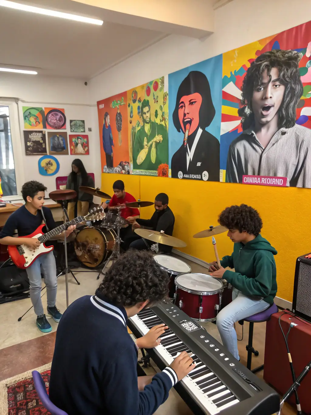 A photo of a music workshop organized by JAZZONOTES ASSOCIATION, showing young musicians learning from experienced instructors.