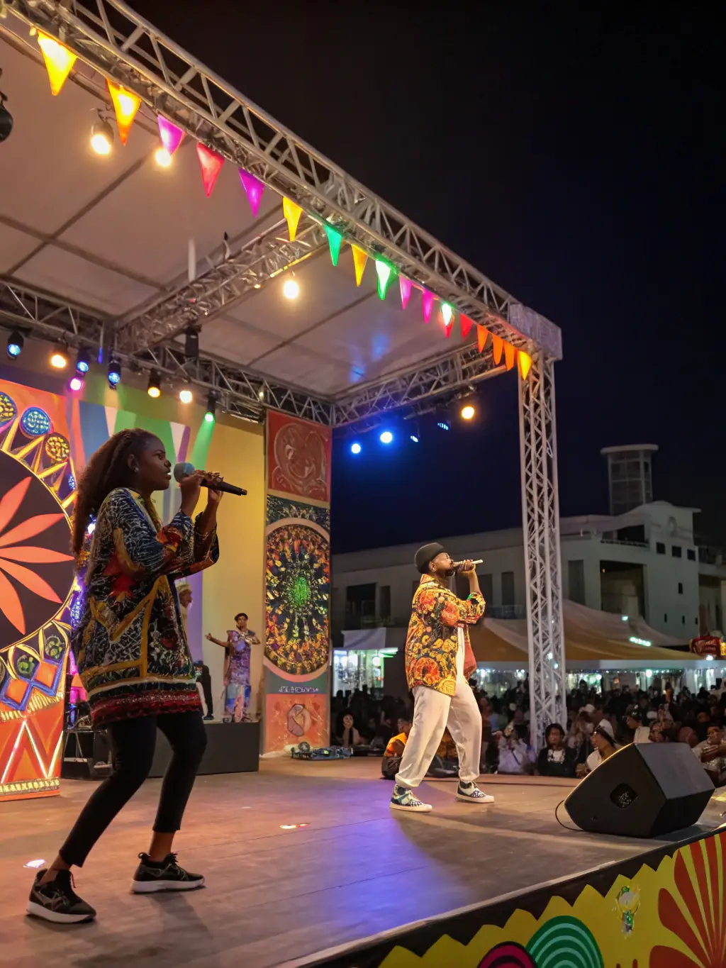 A colorful and lively scene from one of JAZZONOTES ASSOCIATION's cultural festivals, featuring diverse performances and community engagement.