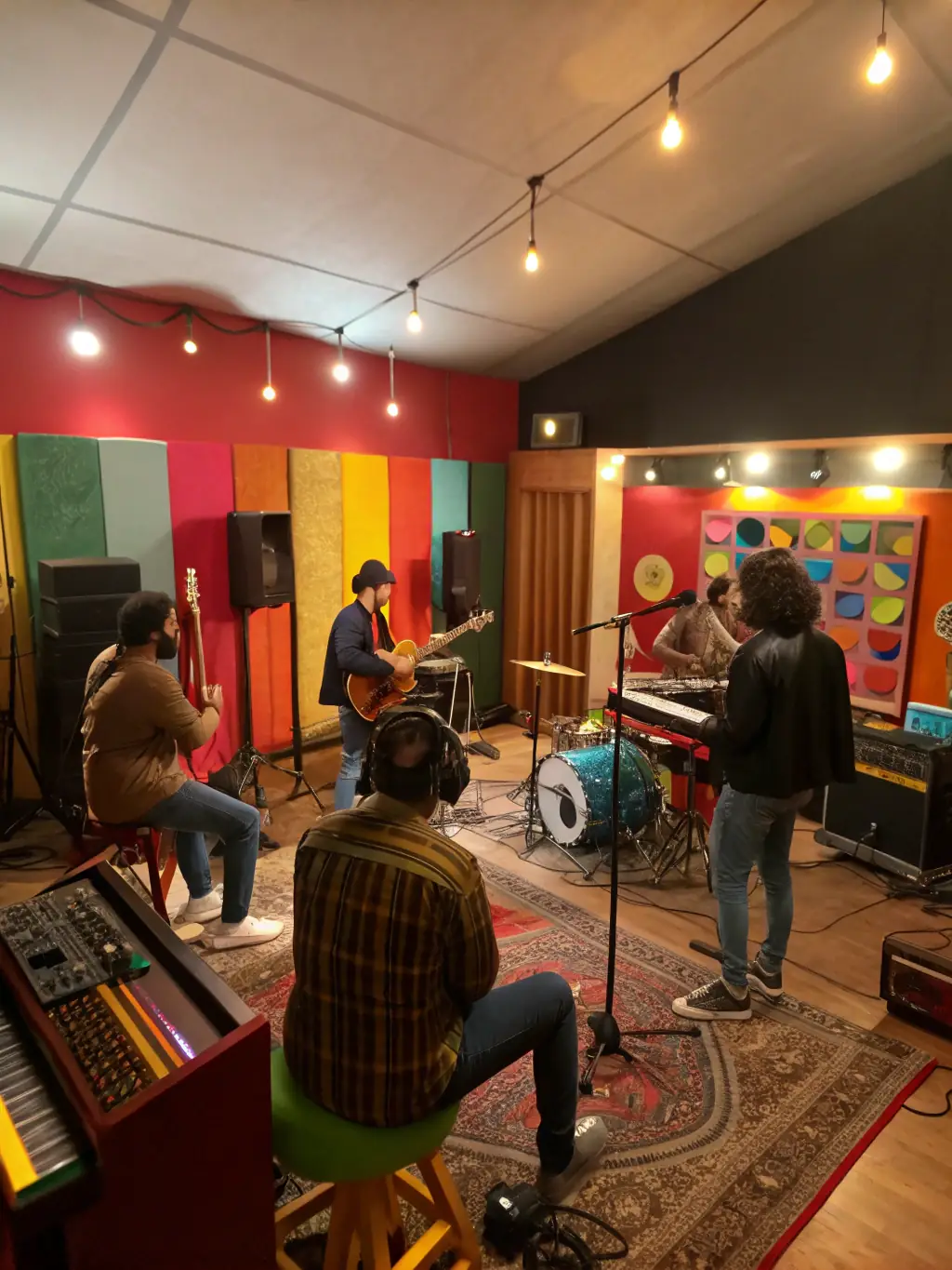 A group of musicians supported by JAZZONOTES ASSOCIATION, rehearsing in a studio, showcasing the organization's commitment to fostering local talent.