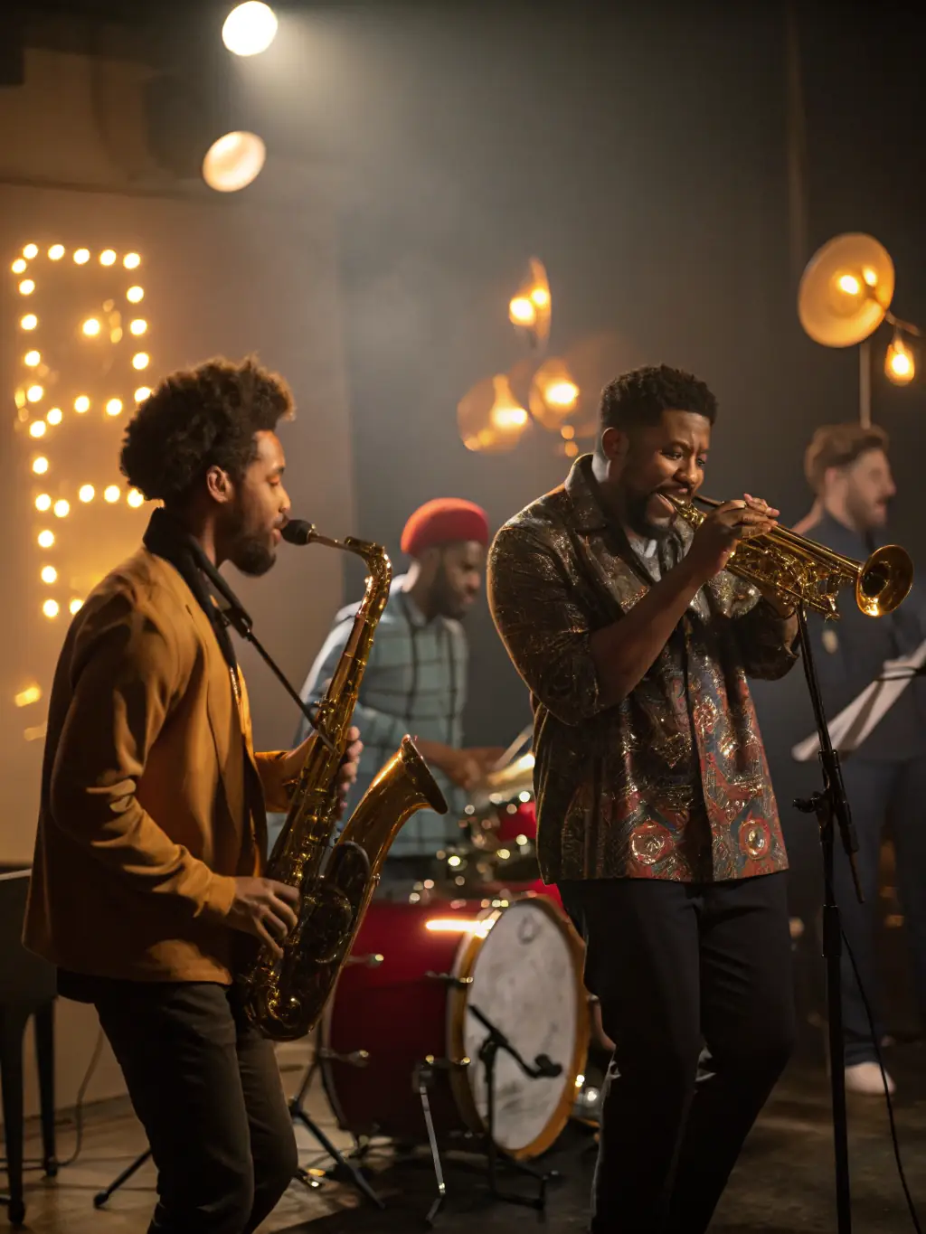 A vibrant image of a jazz band performing live on stage at one of JAZZONOTES ASSOCIATION's concerts, capturing the energy and excitement of the event.