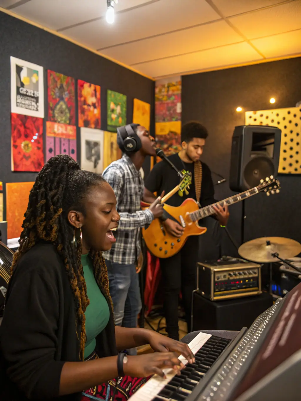 A photograph of a diverse group of musicians from different backgrounds collaborating on a jazz piece, showcasing the inclusive and collaborative spirit of the JAZZONOTES ASSOCIATION.