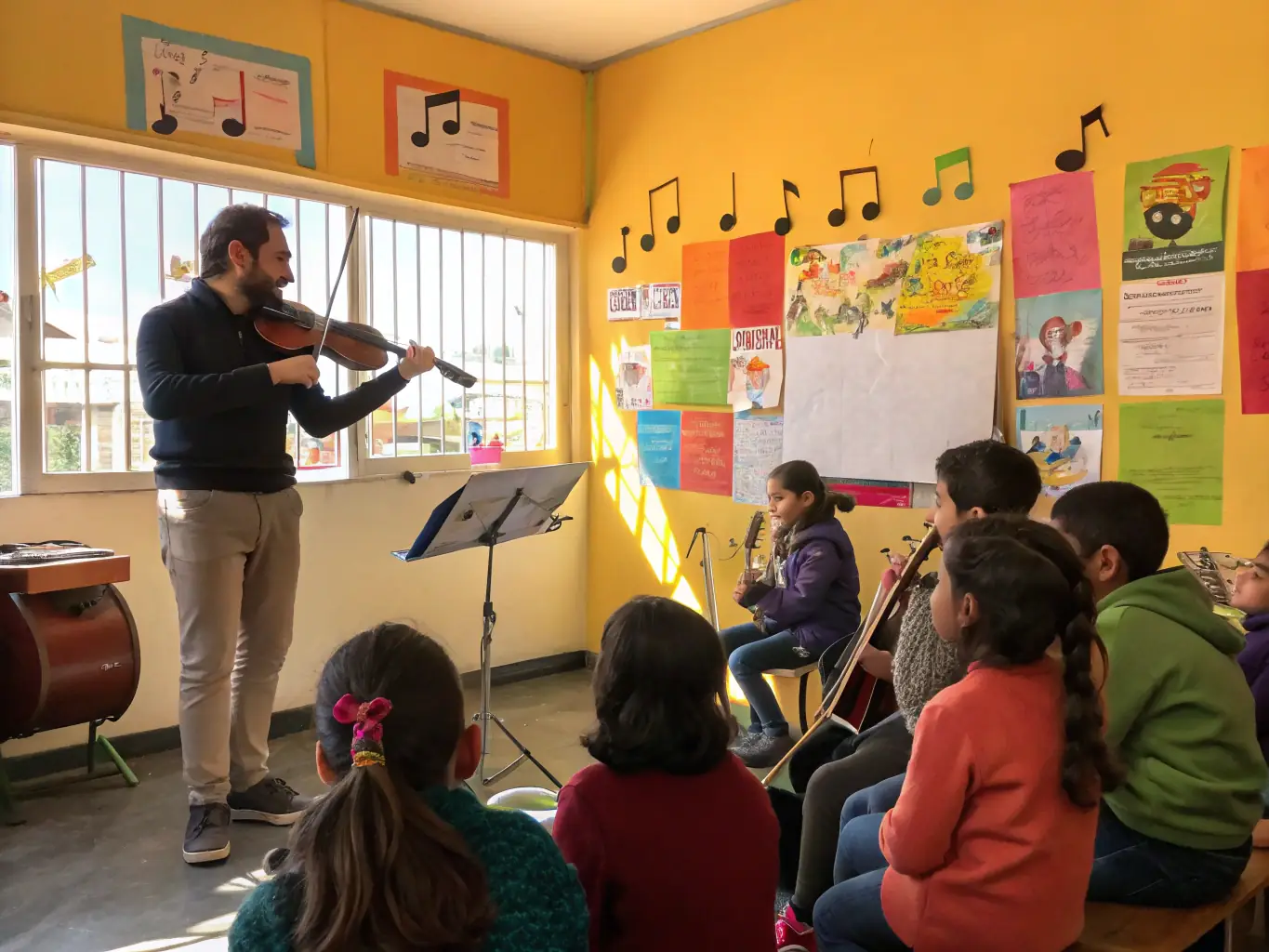 A group of young musicians participating in a workshop, learning from experienced instructors, highlighting the JAZZONOTES ASSOCIATION's commitment to nurturing talent.