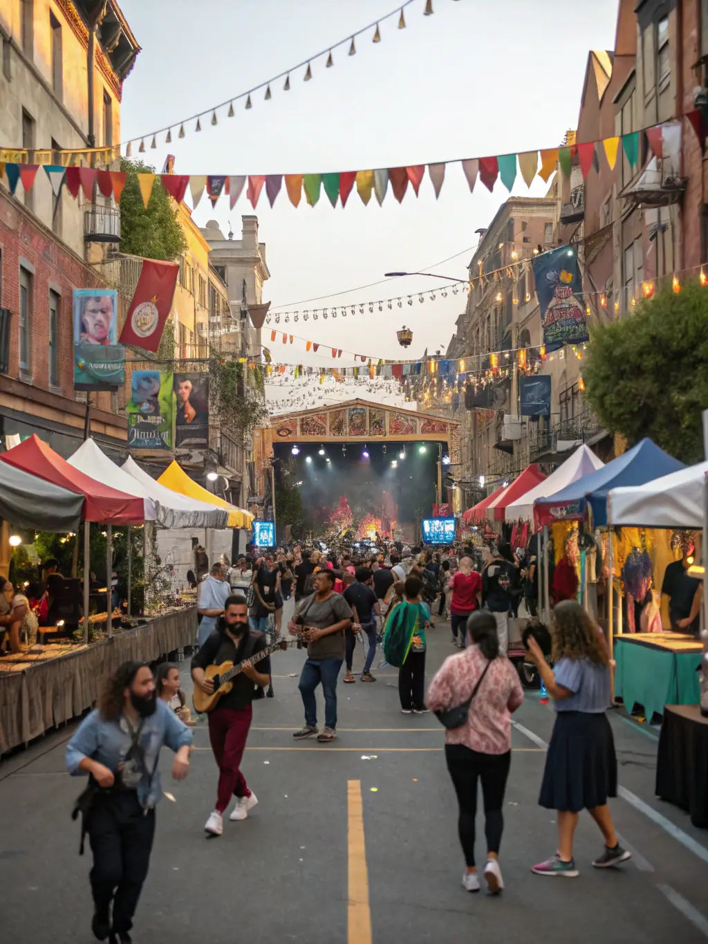 A colorful and lively scene from one of JAZZONOTES ASSOCIATION's cultural festivals, featuring diverse performances, community activities, and enthusiastic attendees. The image should capture the festive atmosphere and cultural exchange promoted by the organization.